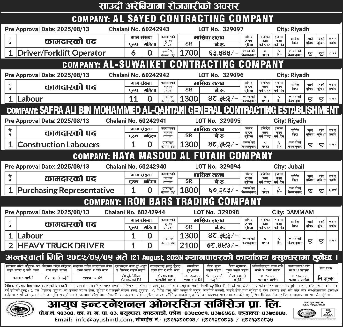 Driver/Forklift Operator, Labour, Construction Labouers, Purchasing Representative, Labour, Heavy Truck Driver
